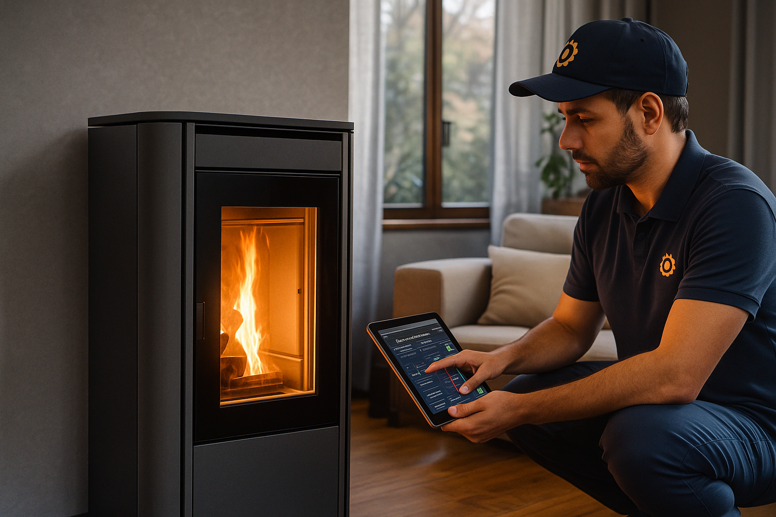 Una vivienda moderna con una estufa de pellet encendida